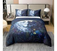 Homewish Housse de Couette 220x240 Coton Loups Endormis,Parure de Lit Enfant Loup Blanc et Noir,Sets de Housses de Couettes Animaux de Couple Romantique,Couvre Lit Fleurs Botaniques du Ciel de Nuit