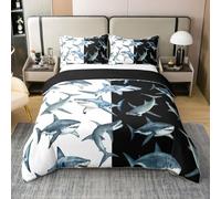 Homewish Housse de Couette 220x240 Coton Requin Géant Noir et Blanc, Parure de Lit Enfant Côtière, Sets de Housses de Couettes Garçons Océan Vie Marine, Couvre Lit Animaux de Mer