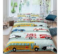 Homewish Housse de Couette 220x240 Enfant Camion de Pompiers, Parure de Lit Enfant Ado Garçon Voiture de Police, Sets de Housses de Couettes Autobus Scolaire, Couvre Lit Véhicule de Construction