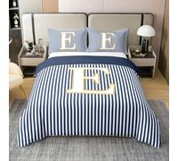 Homewish Housse de Couette 220x240 Enfant Coton Bleu Marine Initial E,Parure de Lit Femmes Hommes Géométrique Moderne À Rayures,Couvre Lit Stripes Abstraites Minimalistes Alphabet Lettre Simple