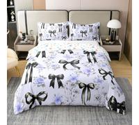 Homewish Housse de Couette 220x240 Enfant Coton Bow Tie Noire,Parure de Lit Boho Fleurs Roses Florales,Sets de Housses de Couettes Tout-Petit Garçons Princesse Mignonne Arc Fille Rêveuse Ruban Bowknot