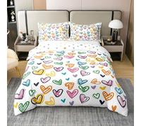 Homewish Housse de Couette 220x240 Enfant Coton Coeur d'amour Mignon,Parure de Lit Coloré Dessiné À La Main,Sets de Housses de Couettes Arc-en-Ciel,Couvre Lit Filles Garçons Adultes Graffiti Coeur