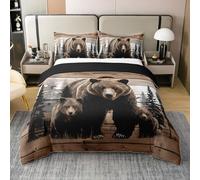 Homewish Housse de Couette 220x240 Enfant Coton Famille d'ours Mignon,Parure de Lit Ours Brun de Pays,Couvre Lit Animaux de Chasse Sauvages Enfants Garçons Filles Cabine Rustique en Bois