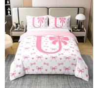 Homewish Housse de Couette 220x240 Enfant Coton Lettre U Initiale,Parure de Lit Arcs Roses,Sets de Housses de Couettes Enfants Teens Dreamy Princess Style,Couvre Lit Monogramme Coquette Décor Amour