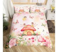Homewish Housse de Couette 220x240 Enfant Fée Fleurie, Parure de Lit Fée Papillon pour Chambre d'enfant de Fille, Sets de Housses de Couettes Champignon Floral Coloré, Couvre Lit Princesse