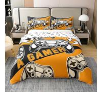 Homewish Housse de Couette 220x240 Enfant Fille Garçon en Coton, Parure de Lit Jeux Vidéo Ensemble de Literie pour Jeux Ados, Housse Couette Console de Jeux, Décoration de Chambre, Noir Orange