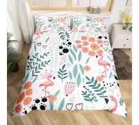Homewish Housse de Couette 220x240 Enfant Flamant Rose Kawaii, Parures de Lit Ado Fille Dessin Animé Flamant, Sets de Housses de Couettes Fleur À Feuilles, Couvre Lit Imprimé Patte d'animaux