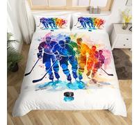 Homewish Housse de Couette 220x240 Enfant Hockey sur Glace,Parure de Lit pour Enfants Adolescents Adultes Joueur de Hockey Coloré,Couvre Lit Aquarelle de Graffiti Jeu de Sports d'hiver