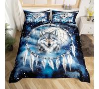 Homewish Housse de Couette 220x240 Enfant Imprimé Animal Loup Bohème Parure de Lit Attrape-Rêves Tribal Sets de Housses de Couettes Attrape-Rêves Bohème Couvre Lit Galaxie Mystérieuse