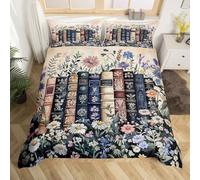 Homewish Housse de Couette 220x240 Enfant Livre Vintage,Parure de Lit Fleurs Rustiques,Couvre Lit Adultes Adolescents Amoureux Littéraire Lecture Moderne Bibliothèque de Lecteurs Rétro Étagère