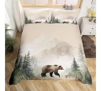 Homewish Housse de Couette 220x240 Enfant Ours de Chasse,Parure de Lit Wild Woodland Faune Sauvage,Couvre Lit Forêt Brumeuse Verte Filles Garçons Adultes Ferme Rustique Pinier de Montagne