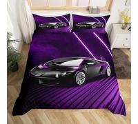 Homewish Housse de Couette 220x240 Enfant Voiture de Sport, Parure de Lit Voiture de Course Noir, Sets de Housses de Couettes Voiture de Sport Extrême, Couvre Lit Rayures Géométrique Violet