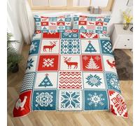 Homewish Housse de Couette 220x240 - Ensemble de Literie Arbre de Noël, Cerf, Flocon de Neige - Parure de Lit Grillagée Géométrique en Patchwork Rouge et Bleu Rétro - Décorations de Noël Douces