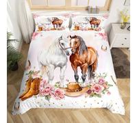 Homewish Housse de Couette 220x240 Fille Cheval Occidentale - Parure de Lit Ado Fleur Chapeau de Cowgirl - Sets de Housses de Couettes Fer À Cheval du Far West avec 2 Taies d'oreiller 65x65cm