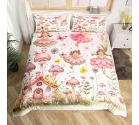 Homewish Housse de Couette 220x240 Fille Fée Rose, Parure de Lit Fée Fleurie pour Chambre d'enfant, Sets de Housses de Couettes Fleur Champignon, Couvre Lit Fleurs Papillon Aquarelle, 3 Pièces