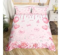 Homewish Housse de Couette 220x240 Fille Nœud Mignon Rose, Parure de Lit Rose Fleuri pour Enfant, Sets de Housses de Couettes Princesse À Nœuds, Couvre Lit Amour Doux, avec 2 Taies d'oreiller