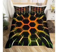 Homewish Housse de Couette 220x240 Géométrique Hexagonale Noire et Orange, Ensemble de Literie en Nid d'abeille pour Garçons Enfants, Parure de Lit Géométrique À Motif de Ruche Hexagonale, Ultra Doux