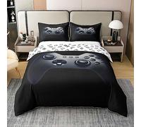 Homewish Housse de Couette 220x240 Jeux Vidéo Coton, pour Ado Garçon, Parure de Lit Manette de Jeux, Ensemble de Literie Patron de Manette de Jeu Vidéo Vintage, Réversible, Noir et Gris