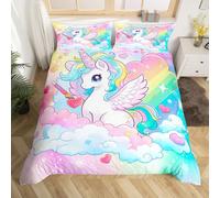 Homewish Housse de Couette 220x240 Licorne Arc-en-Ciel pour Enfant Fille, Parure de Lit Rose Violet Jaune Sarcelle Dégradé Ombre, Couvre Lit Motif de Cœur d'amour Mignonne (Pas de Couette)