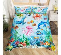 Homewish Housse de Couette 220x240 sous La Mer, Parure de Lit Océan Bleu Pieuvre Dauphin Baleine, Sets de Housses de Couettes Tortue de Mer Méduse, Couvre Lit Étoile de Mer Corail Plage D'Été
