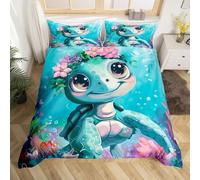 Homewish Housse de Couette 220x240 Tortue de Mer Mignonne, Parure de Lit Animaux Marins Kawaii, Sets de Housses de Couettes Monde sous-Marin Bleu Sarcelle, Couvre Lit Fleur Rose, 3 Pièces