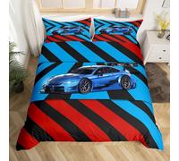 Homewish Housse de Couette 220x240 Voiture de Course, Parure de Lit Voiture de Sport À Vitesse Extrême, Ensemble de Literie Bleu et Rouge de Piste de Course, Collection de Chambres À Coucher