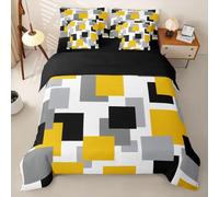 Homewish Housse de Couette 240 x 260 7 Pièces Jaune Gris | Parure de Lit Noir Blanc Gris Drap Housse Damier Géométrique Plaid Drap Plat, 2 Taies d'oreiller, 2 Housses de Coussin
