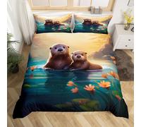 Homewish Housse de Couette 240 x 260 cm avec 2 Taies d'oreiller, Parure de Lit Mignonne Loutre pour Enfant Adulte, Sets de Housses de Couettes Animaux de Lac Mignons, Couvre Lit Fleurs Aquarelle