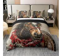 Homewish Housse de Couette 240 x 260 Coton Animaux de Ferme de Noël, Parure de Lit Enfant Cheval de Noël, Sets de Housses de Couettes Flocon de Neige, Couvre Lit Haricots Rouges d'hiver