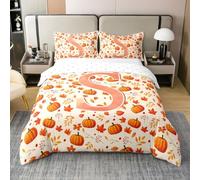 Homewish Housse de Couette 240 x 260 Coton Autumn Rustique,Parure de Lit Enfant Lettre Initiale S Citrouille,Sets de Housses de Couettes Monogramme,Couvre Lit Garçons Filles Cabine de Ferme Orange