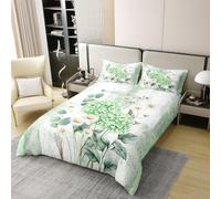Homewish Housse de Couette 240 x 260 Coton Fleur D'Hydrangée Verte,Parure de Lit Fleur de Printemps Peinture À l'huile Abstraite,Couvre Lit Aquarelle Floral Rustic Farmhouse,Ombre Vert Gris Design