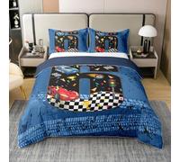 Homewish Housse de Couette 240 x 260 Coton Garçons Voiture de Course,Parure de Lit Voiture de Course Sports Extrêmes,Couvre Lit Aquarelle Numéro 6 Piste Drapeau de Course Grille Plaid Décor