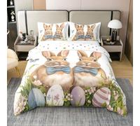 Homewish Housse de Couette 240 x 260 Coton Lapins de Pâques,Parure de Lit Enfant Impression Animale de Lapin Kawaii,Couvre Lit Oeufs Aquarelle Garçons Filles Feuilles Botaniques de Printemps