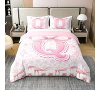 Homewish Housse de Couette 240 x 260 Coton Monogramme Lettre Initiale Q Élégant Parure de Lit Enfant Nœud Rose Sets de Housses Esthétique Coquet Imprimé Rose Floral Mignon Girly Dentelle Style Preppy