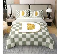 Homewish Housse de Couette 240 x 260 Coton Sage Vert À Échecs,Parure de Lit Enfant Plaid Initial D,Sets de Housses de Couettes Monogramme Personnalisé,Couvre Lit Grilles de Mode Gingham