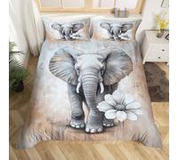Homewish Housse de Couette 240 x 260 Éléphant, Parure de Lit Adulte 2 Personnes Éléphant Animaux de La Jungle, Sets de Housses de Couettes Motif Floral Blanc Rustique, Couvre Lit Aquarelle Vintage