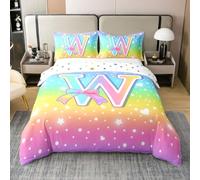 Homewish Housse de Couette 240 x 260 Enfant Coton Arc-en-Ciel,Parure de Lit Lettre W Initiale,Couvre Lit Enfants et Adolescents Arc-en-Ciel Ombre Mignon Princess Motif Étoiles Pailleté Tie Dye