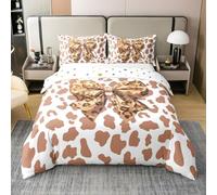 Homewish Housse de Couette 240 x 260 Enfant Coton Princesse Bow,Parure de Lit Impression de Vache Brune Beige,Couvre Lit Kawaii Bow Tie Mignon Ribbon Bowknot Cuir de Vache de Ferme Western