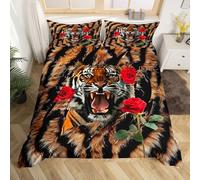 Homewish Housse de Couette 240 x 260 Enfant Tigres,Parure de Lit Rose,Sets de Housses de Couettes Adolescents Hommes Femmes Griffe Marques Rugissement Tigre Peau Motif Fleurs de Bêtes Féroces