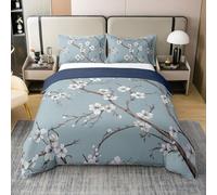 Homewish Housse de Couette 240 x 260 Fleurs de Cerisier Coton Parure de Lit Chinoisestyle Chic Couvre Lit Branches Élégantes de Fleurs Literie Set,Fleurs de Jardin de Printemps Prune Gris Bleu