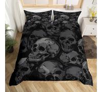 Homewish Housse de Couette 240 x 260 Tête de Mort, Parure de Lit Adulte Os de Squelette Gothique d'halloween, Sets de Housses de Couettes Crâne de Sucre d'halloween, Couvre Lit Noir Gris