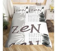 Homewish Housse de Couette 240 x 260 Zen, Parure de Lit Pierre Zen, Sets de Housses de Couettes en Feuilles de Bambou, pour Adultes Hommes Femmes, Couvre-Lit Gris Blanc avec Mots Chinois, 3 Pièces