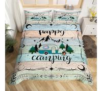 Homewish Housse de Couette 240x260 cm avec 2 Taies d'oreiller, Décoration de Camping pour Campeur, Parure de Lit Happy Camping pour Garçons Filles, Couvre Lit Planche Cottage Beige Bleu