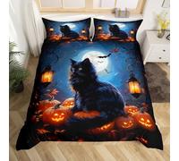 Homewish Housse de Couette 3D Chat Noir, Parure de Lit 240 x 260 Enfant Lune de Citrouille d'halloween, Sets de Housses de Couettes Chaton Mignon Animal, Couvre Lit Garçons Filles Amateurs de Chats