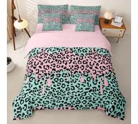 Homewish Housse de Couette 7 Pièces 220x240 Imprimé Léopard | Parure de Lit Guépard Drap Housse Roses Vert Goutte Drap Plat, 2 Taies d'oreiller, 2 Housses de Coussin