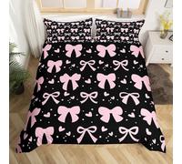 Homewish Housse de Couette Adolescent Fille Coquette Bow,Parure de Lit 140x200 Enfant Arc Rose et Noir,Literie Princesse Rêveuse Rose Clair,Couvre Lit Préppy Rouge Love Heart Bowknot