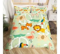 Homewish Housse de Couette Animaux Sauvages pour Filles Garçons Enfants, Parure de Lit 220x240 Aquarelle Animal de Zoo, Ensemble de Literie Dessin Animé Lion Tigre Crocodile Eléphant, Doux