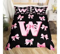 Homewish Housse de Couette Arc Rose, Parure de Lit 140x200 Enfant Lettre Personnalisée W, Sets de Housses de Couettes Mignon Coquette Bowknot, Couvre Lit Style Princesse Rose Monogrammé Noir