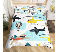 Homewish Housse de Couette Avion Enfant, Parure de Lit Avion 140x200 pour Garçons Filles, Couvre-Lit en Carton pour Chambre d'enfant, Ensemble de Literie Hélicoptère Chasseur Avion Volant