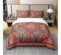 Homewish Housse de Couette Boho À Fleurs, Parure de Lit 200x200 Coton, Ensemble de Literie Retro Flower Grid, Couvre Lit Mode Tribale Bohème Rouge Vert, Housse Couette Vintage en Treillis, 3 Pièces